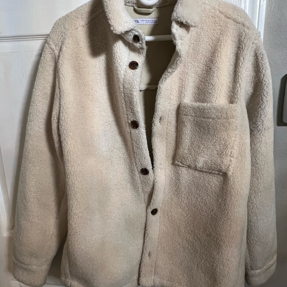 Zara Cream Sherpa Jacket with Button Detail
